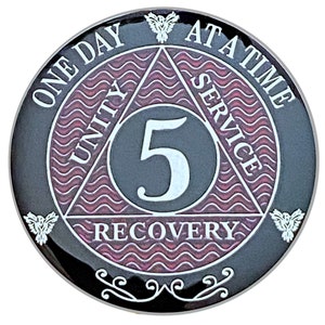 5 Year AA Coin Silver Color Plated-Medallion, Recovery Chip, 12 Step Token, Alcoholics anonymous coin