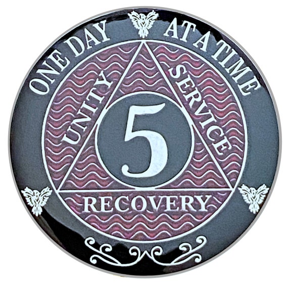 5 Year AA Coin Silver Color Plated-Medallion, Recovery Chip, 12 Step Token, Alcoholics anonymous coin