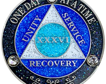 AA 36 Year Crystals & Glitter Medallion, Silver Color Plated, Black Rainbow, Blue Glitter and Three Clear Crystals, Epoxy Covered