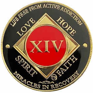 Simply Minimal 14 Year NA Gold Color Plated-Medallion, Recovery Chip, Narcotics Anonymous Coin (Red & Black)