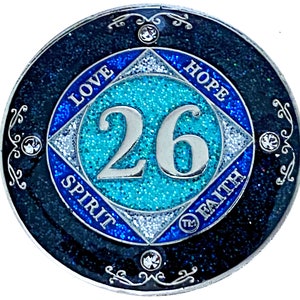 NA 26 Year Glitter & Crystals Medallion, Silver Color Plated Coin, Black Rainbow, Blue Glitter and Four Clear Crystals, Epoxy Covered