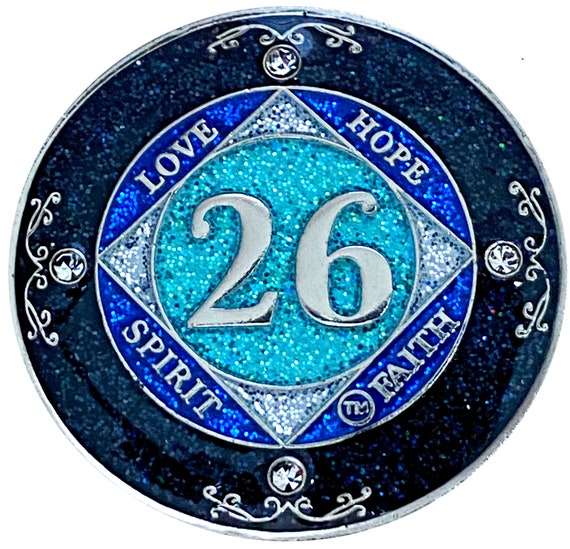 NA 26 Year Glitter & Crystals Medallion, Silver Color Plated Coin, Black Rainbow, Blue Glitter and Four Clear Crystals, Epoxy Covered
