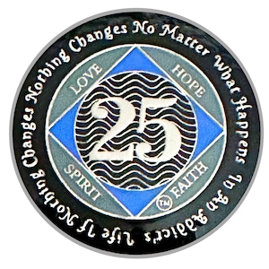 NA 25 Year Medallion, Silver, Blue Color Plated, Epoxy Covered Narcotics Anonymous Coin, NA Recovery Chip