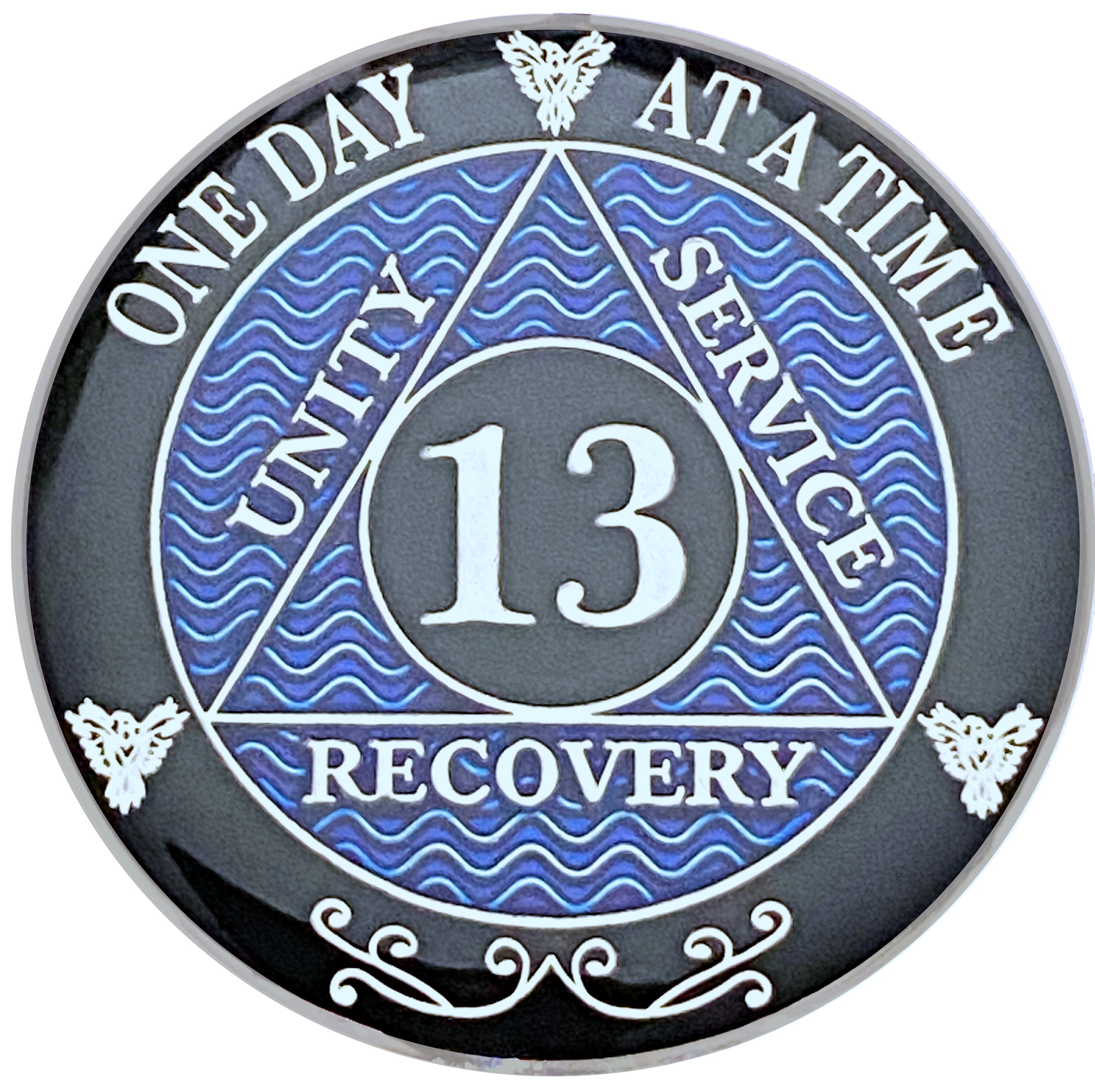 13 Year Sobriety Chip - Blue Flames AA Recovery Medallion With Affirmation Token