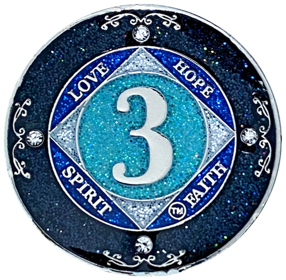 NA 3 Year Glitter & Crystals Medallion, Silver Color Plated Coin, Black Rainbow, Blue Glitter and Four Clear Crystals, Epoxy Covered