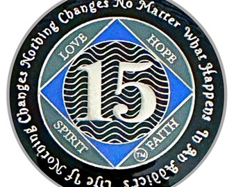 NA 15 Year Medallion, Silver, Blue Color Plated, Epoxy Covered Narcotics Anonymous Coin, NA Recovery Chip