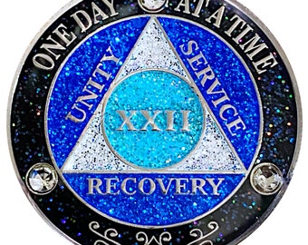 AA 22 Year Crystals & Glitter Medallion, Silver Color Plated, Black Rainbow, Blue Glitter and Three Clear Crystals, Epoxy Covered