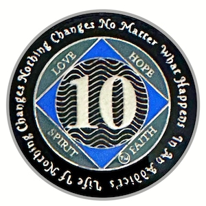 NA 10 Year Medallion, Silver, Blue Color Plated, Epoxy Covered Narcotics Anonymous Coin, NA Recovery Chip