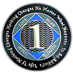 NA 1 Year Medallion, Silver, Blue Color Plated, Epoxy Covered Narcotics Anonymous Coin, NA Recovery Chip