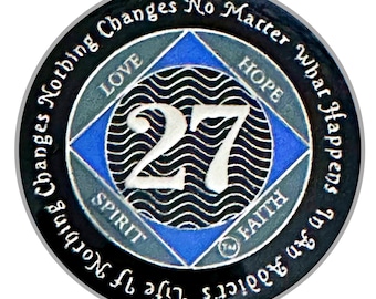NA 27 Year Medallion, Silver, Blue Color Plated, Epoxy Covered Narcotics Anonymous Coin, NA Recovery Chip