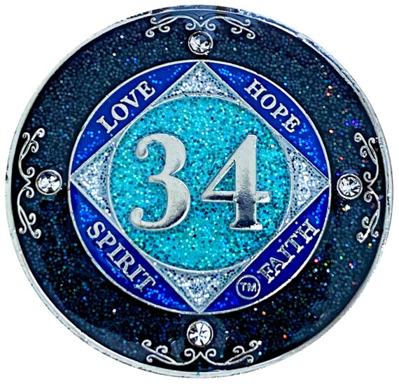 NA 34 Year Glitter & Crystals Medallion, Silver Color Plated Coin, Black Rainbow, Blue Glitter and Four Clear Crystals, Epoxy Covered