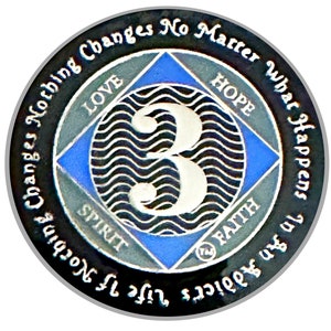 NA 3 Year Medallion, Silver, Blue Color Plated, Epoxy Covered Narcotics Anonymous Coin, NA Recovery Chip