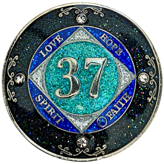 NA 37 Year Glitter & Crystals Medallion, Silver Color Plated Coin, Black Rainbow, Blue Glitter and Four Clear Crystals, Epoxy Covered