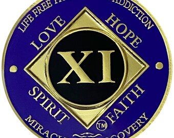 RecoveryChip 11 Year AA Medallion - Dusty Blue & Gold Plated Sobriety Coin, Roman Numeral XI, Serenity Prayer