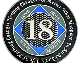 NA 18 Year Medallion, Silver, Blue Color Plated, Epoxy Covered Narcotics Anonymous Coin, NA Recovery Chip