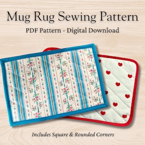 May include: Two rectangular mug rugs. One has a blue border and a floral and striped pattern. The other has a red border and a white background with red hearts. Text reads "Mug Rug Sewing Pattern" and "PDF Pattern - Digital Download".