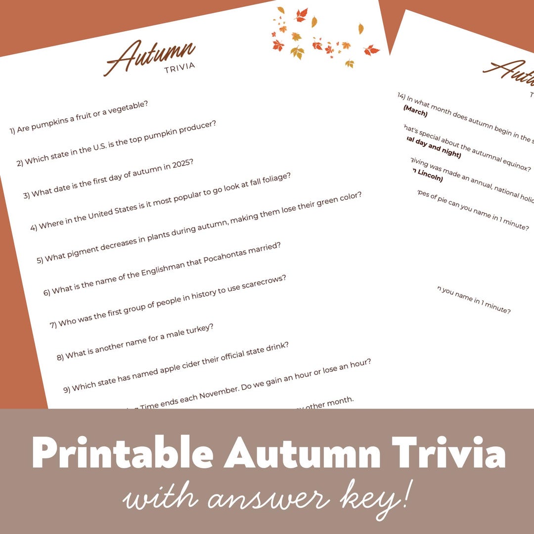 Fall Trivia Party Game | Printable Autumn Thanksgiving Trivia Game With ...