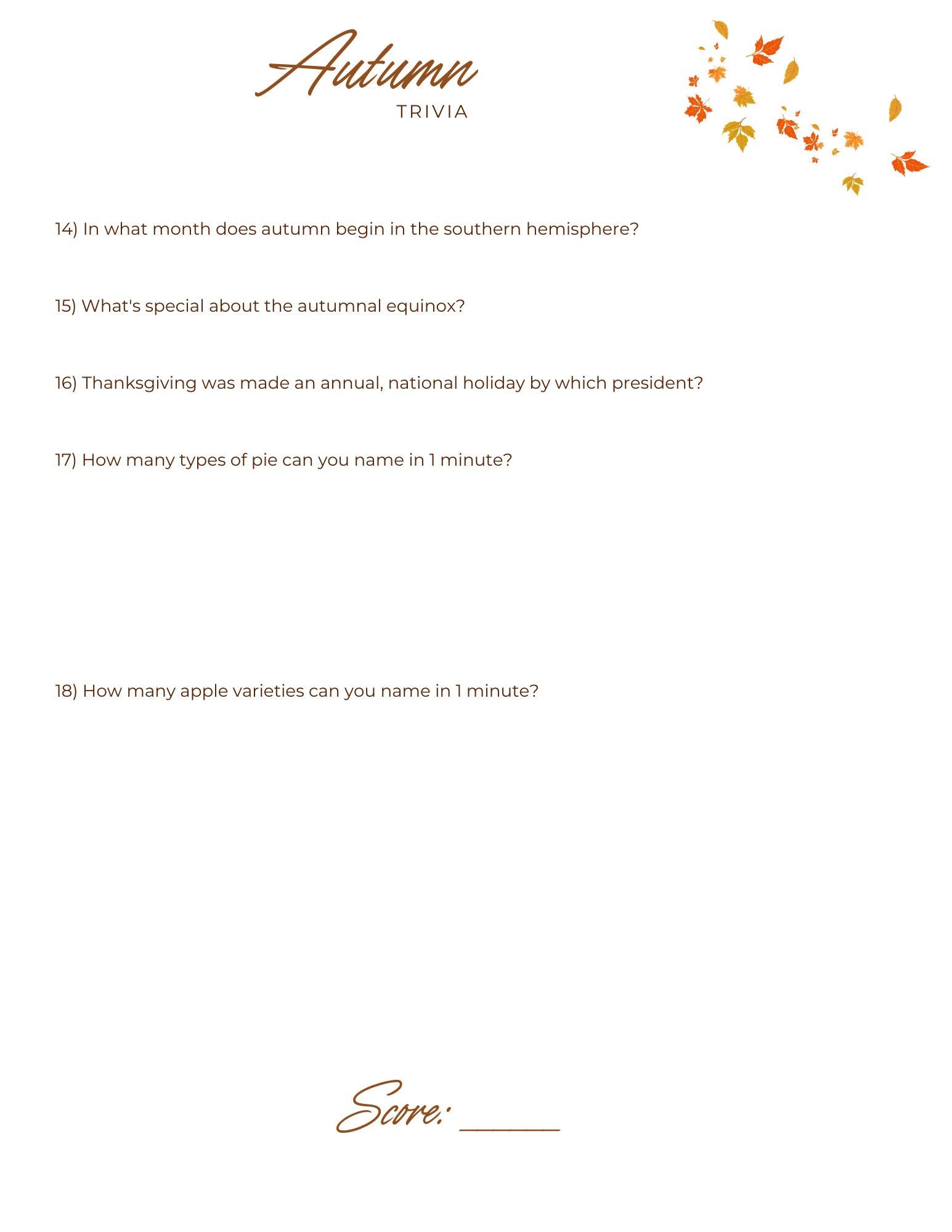 Interview Questions Autumn Fall Trivia Party Game | Printable Autumn Thanksgiving Trivia Game With ...