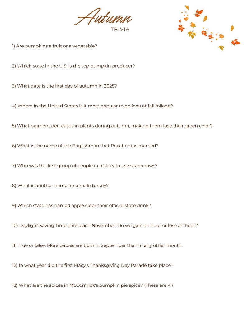 Printable October Trivia Fall Trivia Party Game | Printable Autumn Thanksgiving Trivia Game With ...