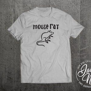 May include: A white t-shirt featuring a black graphic of a mouse and the text "mouse rat". The shirt has a Jack Nine Creative logo in the bottom right corner.