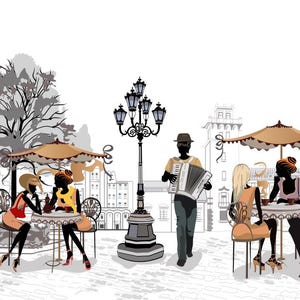 PLASTIC PLACEMAT, pvc, Custom, Design, Original, Semi-rigid, washable, Paris, France, Young women chatting and accordionist at the cafe