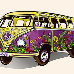 Tovaglietta americana stile hippie, Plastica, Design originale, PVC, Lavabile, Semirigido, Personalizzato, Volkswagen combi, Anni Settanta