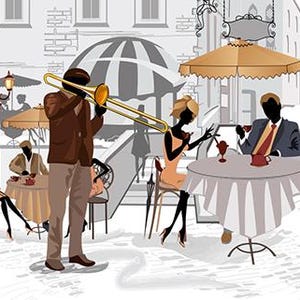 Musicians and cafes in Paris placemat, trumpeter playing on a terrace, Dining table mats, Design, Original, Plastic, pvc, Modern, Washable..