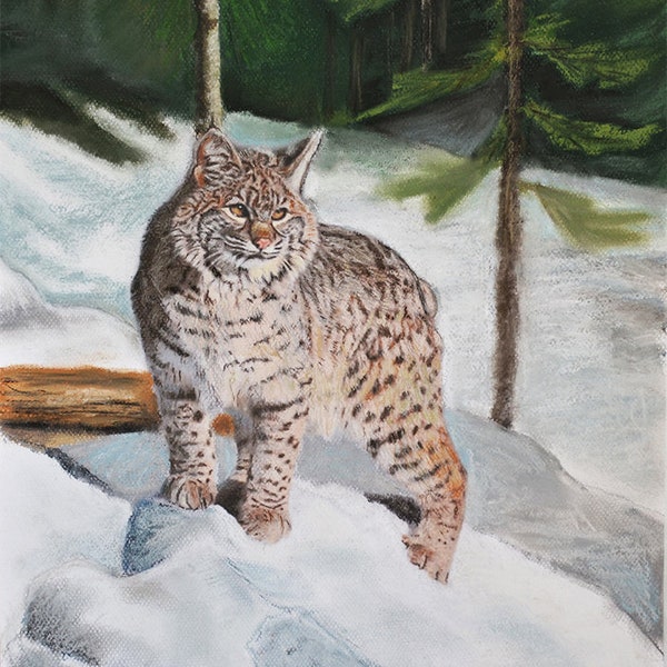 PEINTURE ANIMALIÈRE, TABLEAU,  Dessin lynx, Animaux sauvages d'Europe, mammifères, Nature, Pastel original, Art, Artiste peintre, Félin