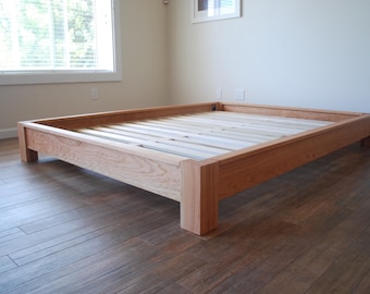 Low-profile Platform Bed in Cherry, Simple Bed Frame, Solid Hardwood Bed, Twin, Full, Queen, King, Available with headboard