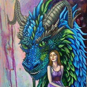 Die Muse des Drachen - Fantasy Gemälde von Frau in Lila Kleid Bewacht von einem Blau Grünen Drachen auf 12x16 Ölgemälde auf Leinwand Panel (Ungerahmt)