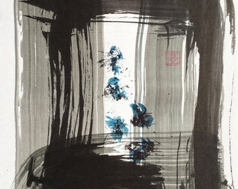 Abstract Zen / Chan Art - Original Ink & Brush Painting - Sumi - "Zen Gate" Series - Flowers at the Gate