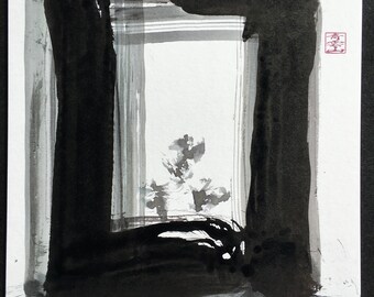 Abstract Zen / Chan Art - Original Ink & Brush Painting - Sumi - "Zen Gate" Series - Flowers at the Gate