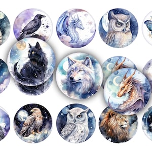 May include: Set of 12 watercolor painted round buttons featuring various mythical creatures and animals. The buttons feature a black cat, a wolf, a unicorn, a dragon, an owl, a raven, a lion, a butterfly, and a hawk. The buttons are painted on a white background with a blue and purple watercolor wash.