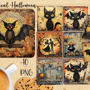 Kwadratowa podstawka PNG 10 Fantazyjny nietoperz Kot Halloween 4-calowa podstawka ścienna sztuka sublimacji do druku PNG JPG