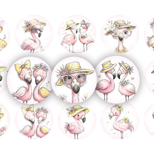 Pink Flamingo Friends collage 25mm 1 inch bci printable bottle cap images cabochon