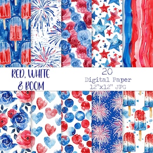 Papel digital de 12 x 12 pulgadas para sublimación, imprimible, para álbum de recortes, con diseño de estrellas, fuegos artificiales, paleta floral, 4 de julio, rojo, blanco y azul.