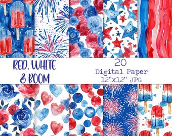 Red White Boom Blue July 4th fireworks stars popsicle floral seamless tile Background Digital Paper 12x12 scrapbook printable sublimation