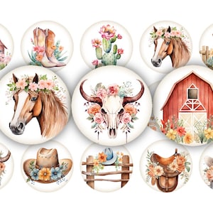 May include: A collection of watercolor illustrations featuring a rustic, Western theme. The images include a red barn, cowboy boots, a cactus, horses, a cow skull, a saddle, a fence, and a woman wearing a cowboy hat, all adorned with floral accents.