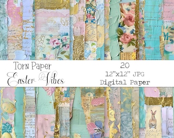 May include: A digital paper pack containing 20 torn paper designs in pastel colours with gold accents. The papers feature floral patterns, handwritten text, and a vintage aesthetic. The pack also includes a bonus clipart image of a bunny rabbit.