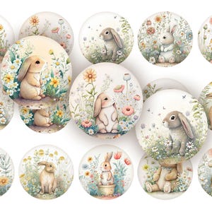 May include: A set of 12 round, white ceramic tiles with watercolour illustrations of bunnies in a field of flowers. Each tile features a different bunny pose and floral arrangement.