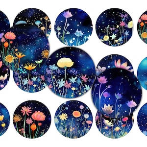 May include: Twelve round stickers with a dark blue background and a galaxy design. The stickers feature colourful flowers and stars.