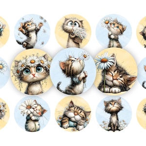 May include: A collection of fifteen circular illustrations featuring adorable cartoon kittens. Each kitten is depicted in various poses, often interacting with daisies, set against a soft yellow and light blue background. The kittens have detailed fur and expressive eyes.