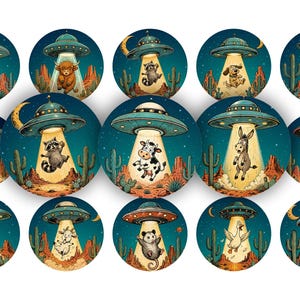 May include: A collection of circular stickers featuring various animals including a cow, raccoon, dog, duck, horse, donkey, sheep, goat, opossum, and ghost being abducted by teal flying saucers in a desert landscape with cacti and a crescent moon.