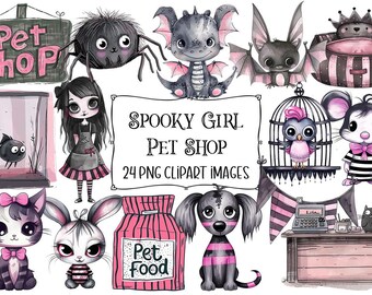 May include: A set of 24 digital clipart images featuring a spooky girl pet shop theme. The images include a black spider, a pink and black bat, a pink and black dragon, a black and white cat, a black and white rabbit, a black and white dog, a black and white mouse, a pink and black bird in a cage, a pink and black pet food bag, a pink and black cash register, and a pink and black sign that says "Pet Shop".