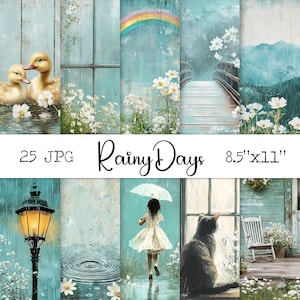 Puede incluir: Paquete de papel digital titulado "Rainy Days" con ilustraciones de acuarela. La obra de arte incluye patos, un arcoíris, un puente y una niña con un paraguas. El paquete incluye 25 archivos JPG, cada uno de 21,59 cm x 27,94 cm. La paleta de colores es principalmente turquesa y blanco.