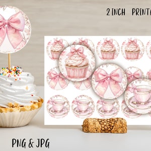 Kokette rosa Bogen-Teeparty 2-Zoll-Sublimations- Cupcake-Topper-Tag druckbare Bilder