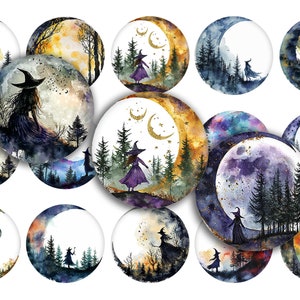 May include: A set of 12 round, watercolor-style digital paper designs featuring a witch standing in a forest with a crescent moon and stars. The designs are in shades of purple, blue, yellow, and gold.