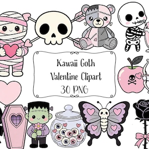 以下が含まれることがあります： 様々なイラストが特徴の、Kawaii Goth Valentineのクリップアート。ハートを持つミイラ、スカル、テディベア、スケルトン、ゴースト、蝶、眼球の瓶、死神、棺、フランケンシュタインのモンスター、毒瓶、バラの花束、ハート、リンゴ、バラが含まれています。