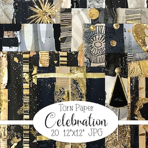 20 hojas rasgadas en papel negro y dorado para celebrar el Año Nuevo, diario digital de 12 x 12 en formato jpg, para sublimación, imprimibles