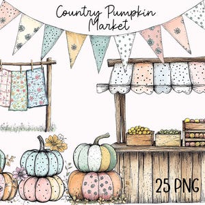 May include: A watercolor illustration of a country pumpkin market with a wooden stand, a striped awning, and pumpkins stacked in front. The stand has a sign that says "25 PNG". There are also bunting flags with polka dots and floral patterns hanging above the stand.
